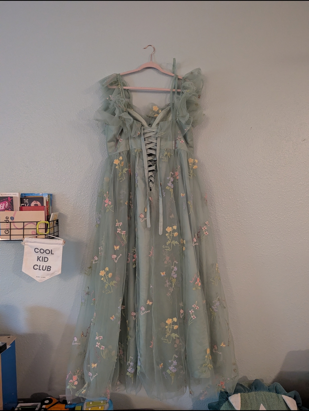 Sage Green Floral Embroidered Tulle Formal Dress with Ruffle Bodice - Picture 2 of 6